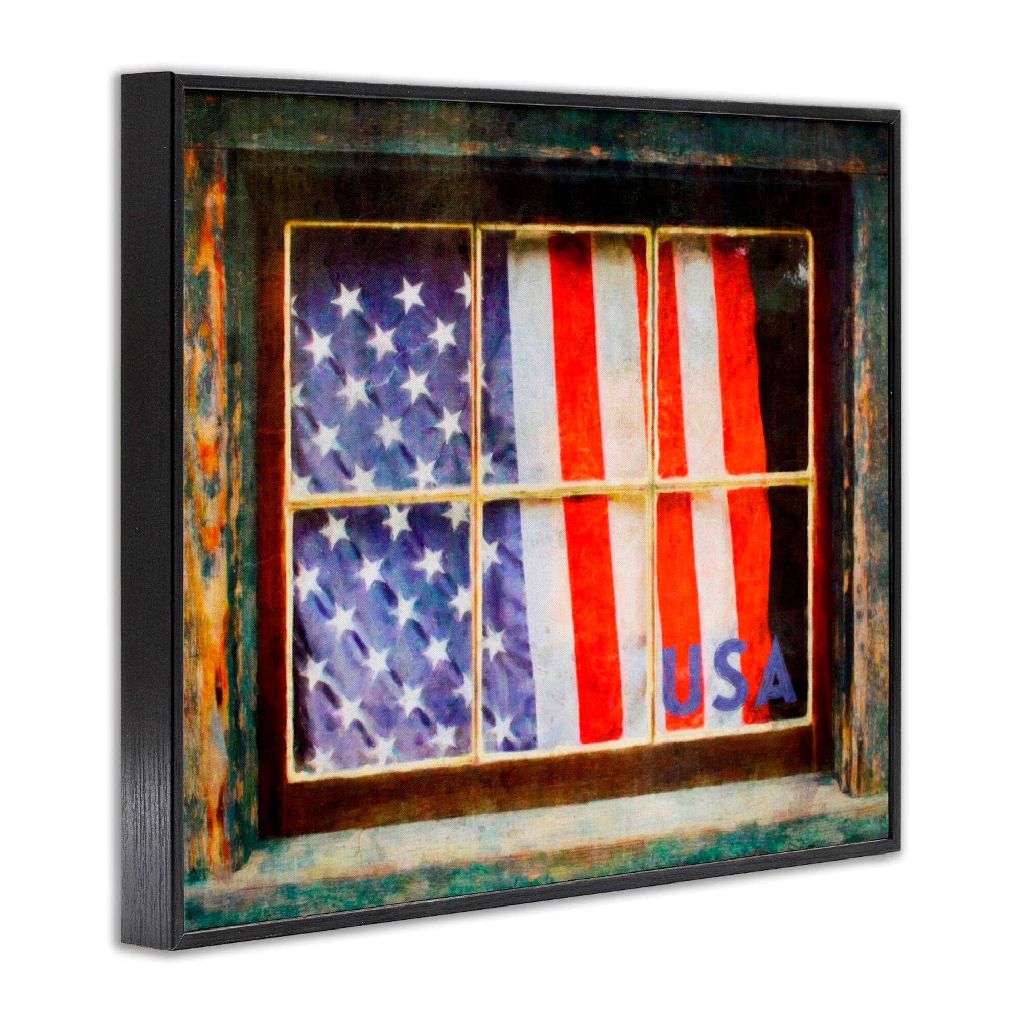 Stupell Industries Patriotic American Flag Rustic Window Festive Home Framed Giclee Art